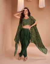 Exclusive handwork on viscose nylon Dhoti style Green dress with floral shrug | unique dress indian wear